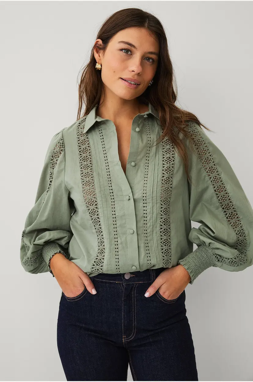 Ellos Collection Bluse med blondedetaljer - Grønn