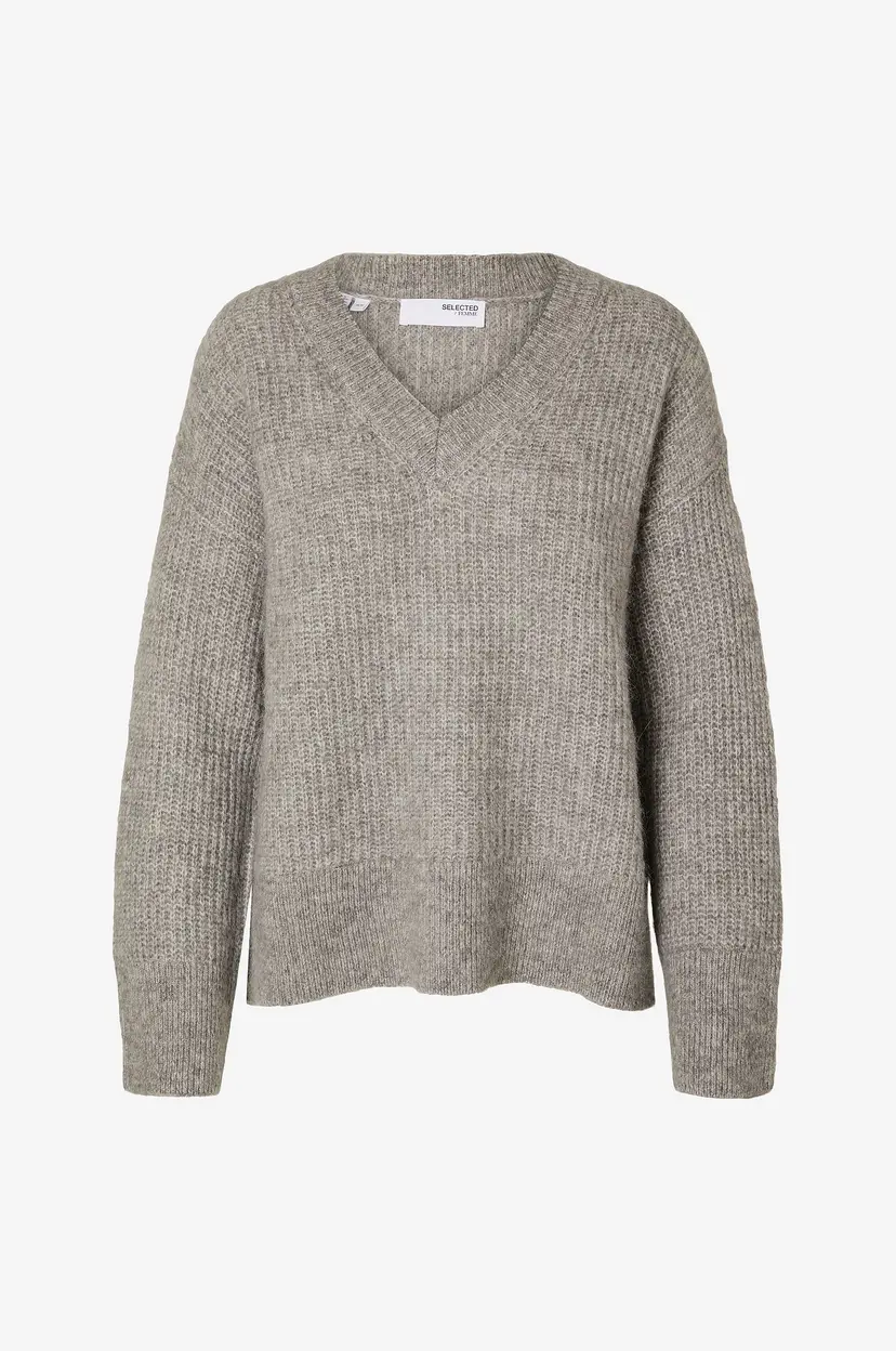 Selected Women Genser slfAlva Melange LS Knit V-neck - Grå