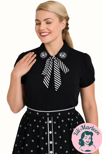 Lili Marleen Skjortebluse; Skelli Blouse - sort skjorte med græskar og stribet sløjfe