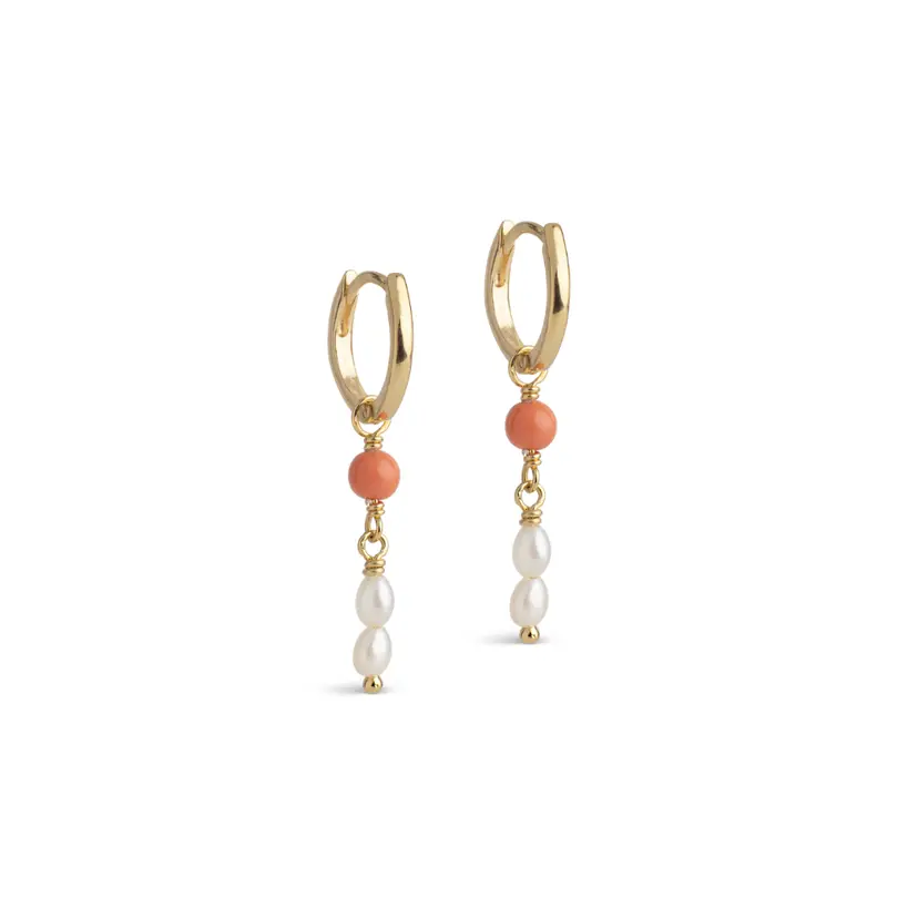 Enamel Enamel - Liva Hoops i forgyldt sølv med ferskvandsperle og koral emalje - E438G-LightCoral