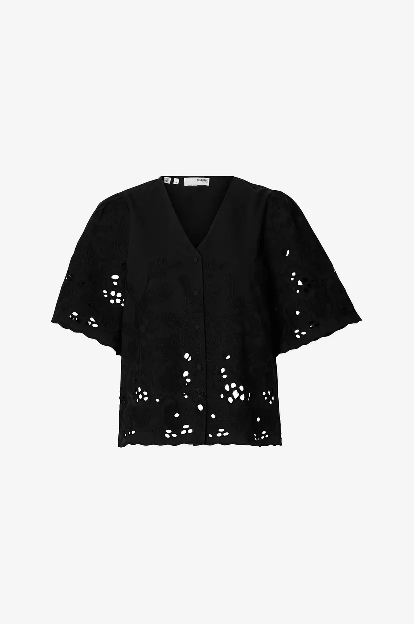 Selected Women Bluse slfDahlia SS Broderi Shirt - Svart