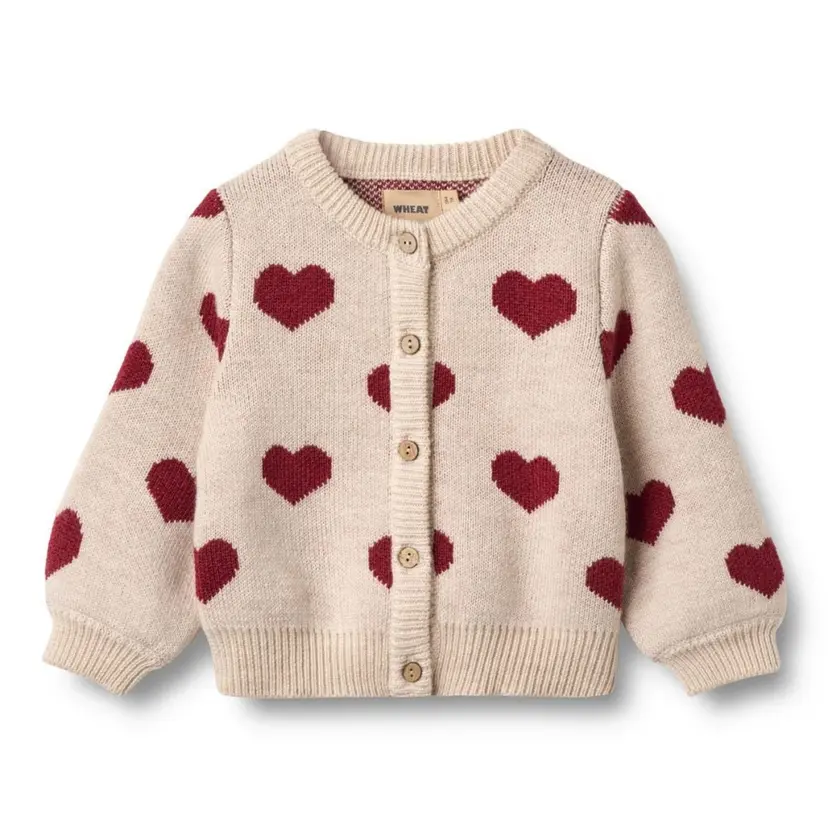 Wheat Wheat - Cardigan Mini Jacquard Knit Hearts Offwhite Melange