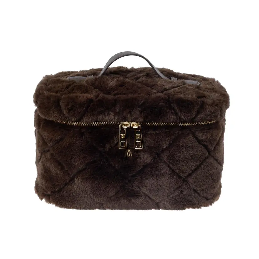 Dark Faux Fur Quilted Vanity Bag Large Chocolate Brown