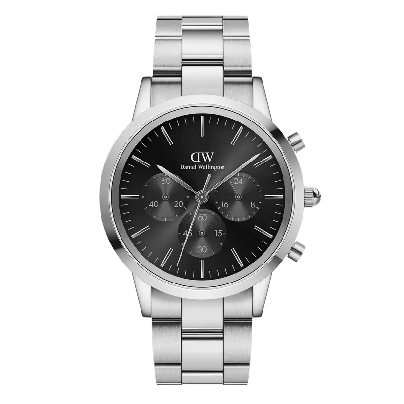 Daniel Wellington Silver 42mm Watch Iconic Chronograph Link Onyx S | DW