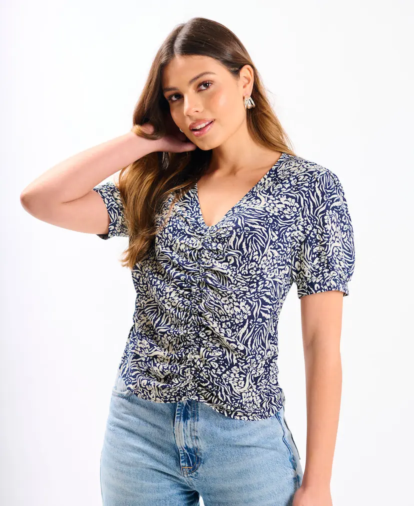 Needs No Label Navy Animal Printed Ruched Top
