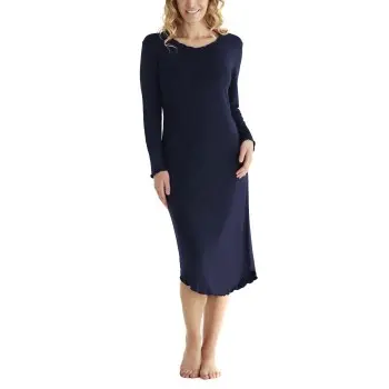 Damella Damella Bamboo Plain Long Sleeve Nightdress Marine Bambus Small Dame