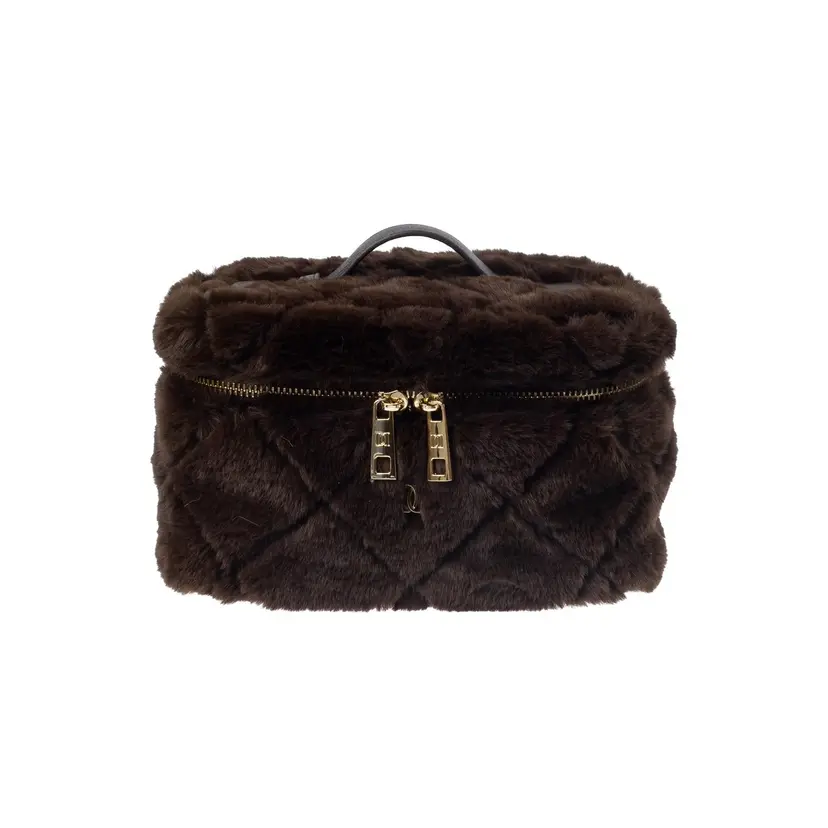 Dark Faux Fur Quilted Vanity Bag Small Chocolate Brown
