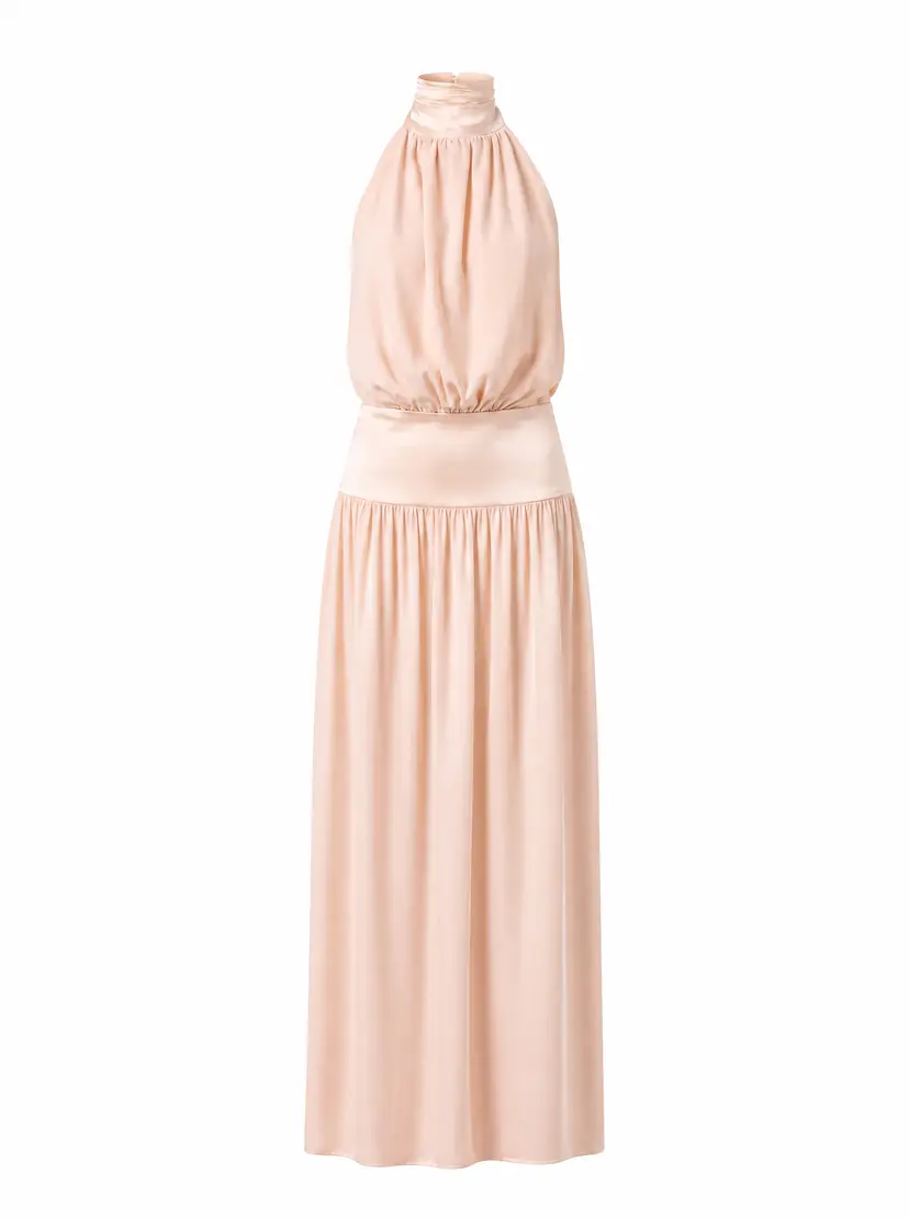 MURLONG CRES Julie High Neck Satin Halter Maxi Dress Blush, XXS