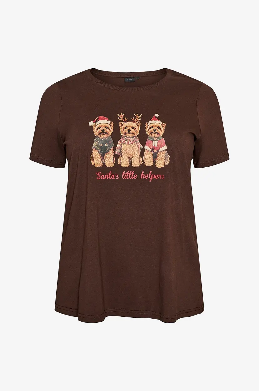 Zizzi T-skjorte Mchristmas, S/S, Straight Tee - Brun