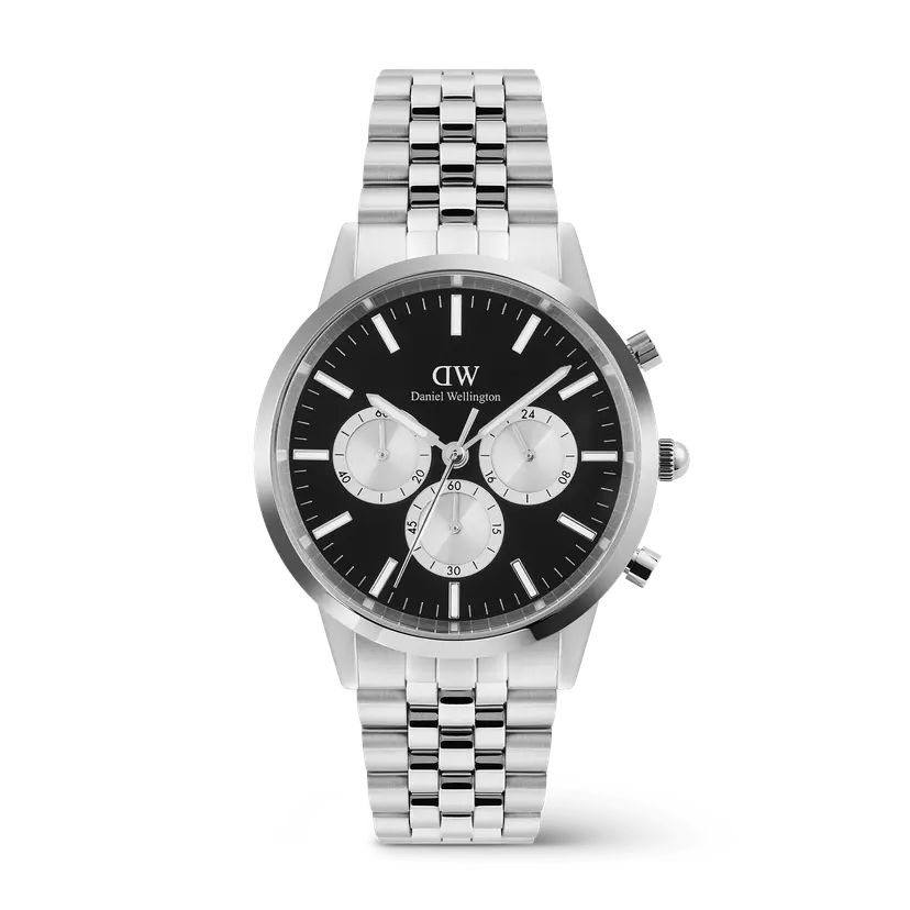 Daniel Wellington Silver 42mm Watch Iconic Chronograph Arch 5-link Onyx Panda | DW